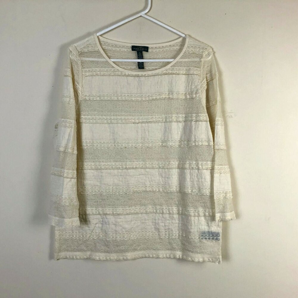 LRL Ralph Lauren XL Shirt Lace Textured Cream White Pullover Round Neck